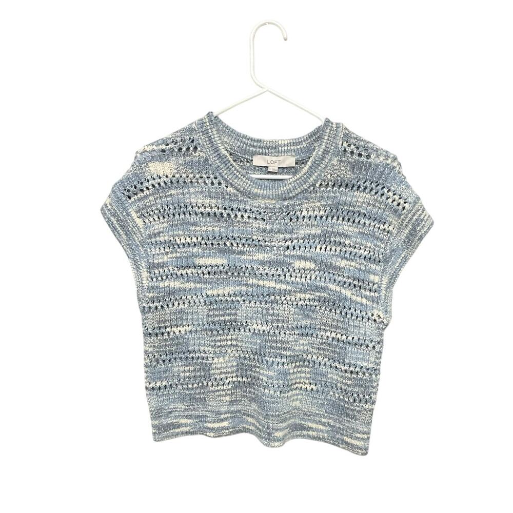 NWT Loft Striped Open Knit Sweater Vest Blue/Cream Preppy Womens Size Small - Picture 1 of 8